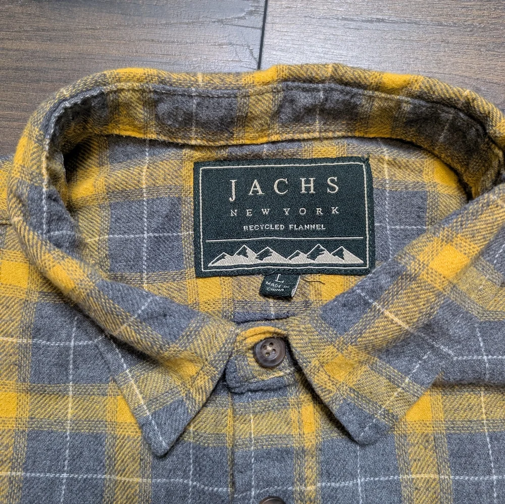 Jachs New York Recycled Flannel Yellow‎ Gray Plaid Casual Button Up Shirt Size L